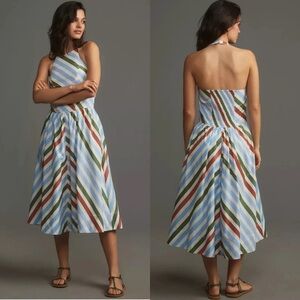 NWT Anthropologie Maeve Halter Midi Dress XL Striped $168 Blue White A-Line